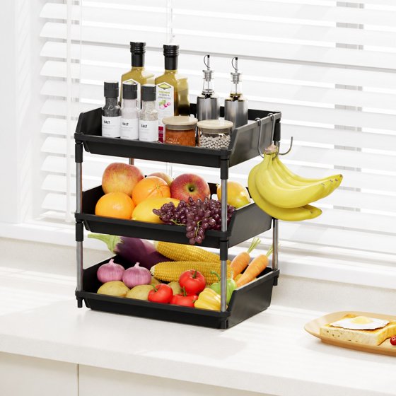 Norcho 3 Tier Fruit Basket for Kitchen Counter with Banana Hanger, Fruit Bowl and Vegetable Storage Stand Organizer for Bread, Snacks and Produce
