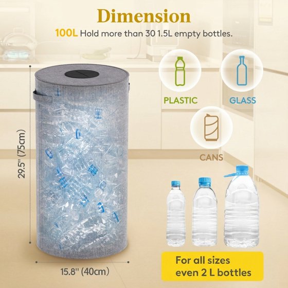 Norcho 26 Gal/100L Round Recycling Bin with Lid, Reusable Inner Bag for Can Bottle Paper Plastic Glass Stickers, Black