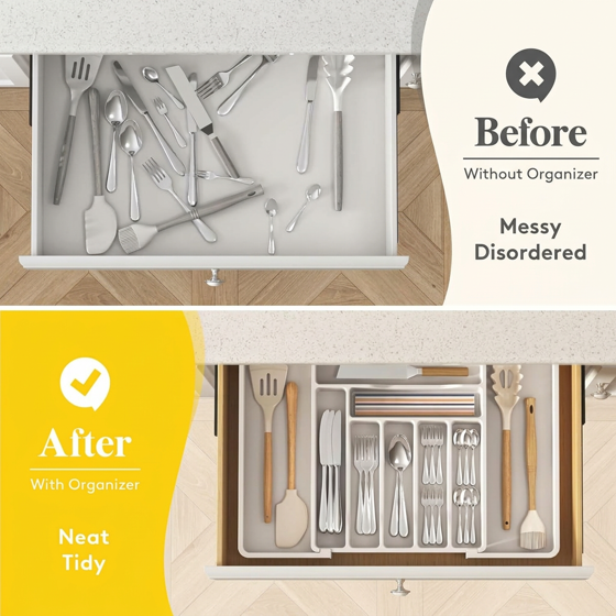 Norcho Expandable Utensil Organizer Drawer, Adjustable Cooking Silverware Tray, Plastic Spatula Tools Divider 13-22.4"x15" White
