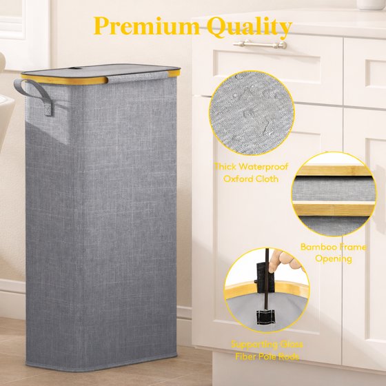 Norcho 65L Slim Laundry Hamper with Lid, Narrow Collapsible Laundry Basket with Removable Bag and Bamboo Handles, Light Gray