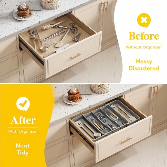 Norcho Utensil Organizer for Kitchen Drawers, Expandable Cooking Utensil Tray, Adjustable Cutlery and Silverware Holder, 13–22 x 15", Gray