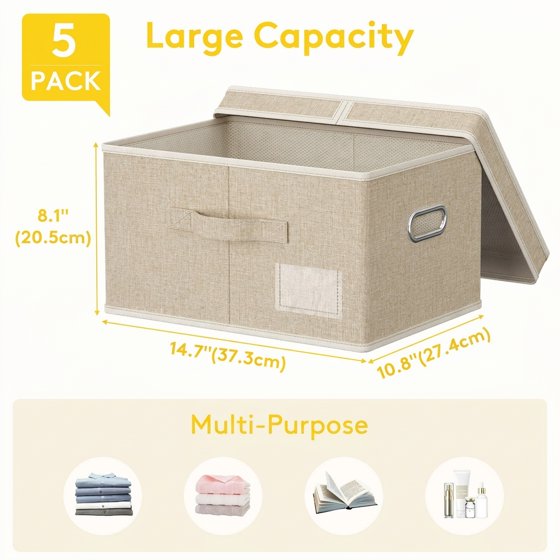 Norcho 34.5L Fabric Storage Bins with Lids Handles, Foldable Decorative Stackable Closet Organizer Beige, 5 Pack