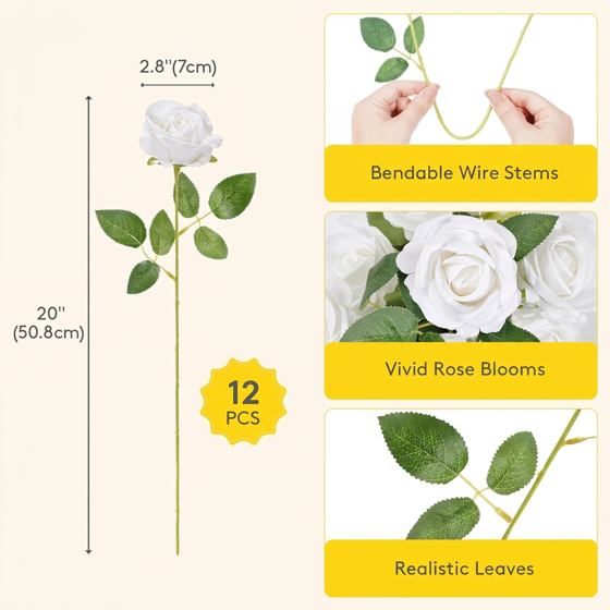 Norcho 12 Pcs White Artificial Roses Bulk, Fake Long Stem Silk Flowers for DIY Wedding Bouquets Centerpieces Valentine Decor