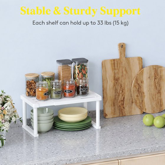 Norcho Cabinet Shelf Organiser, Expandable Countertop Kitchen Shelves, Plastic Shelf Riser for Pantry Kitchen Storage and Spice Rack, Set of 2, 16 x 8 x 7 inch (40 x 21 x 18 cm)