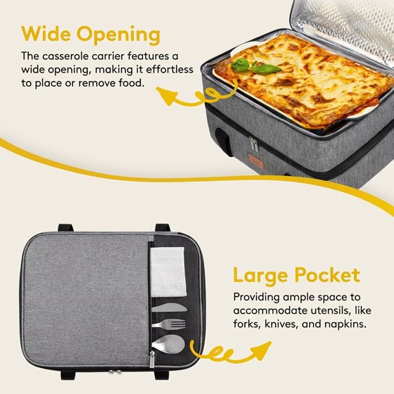 Norcho Insulated Double Decker Casserole Carrier, Lasagna Tote Bag for Hot or Cold Food, Fits 9" x 13" Baking Dish, Gray