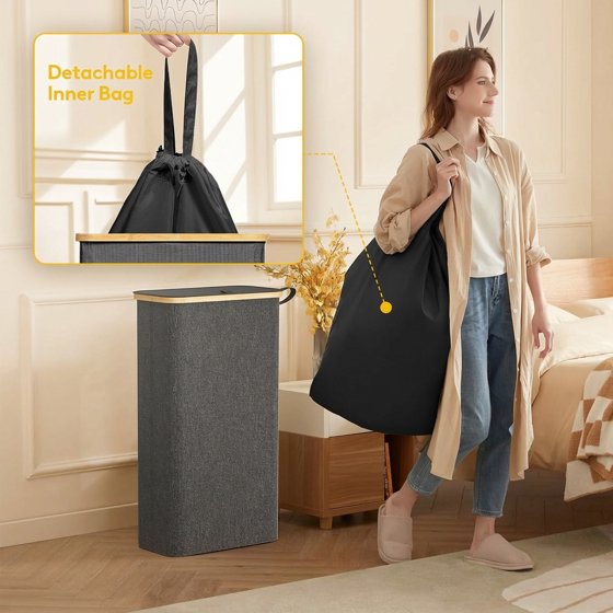 Norcho 65L Slim Laundry Hamper with Lid, Narrow Collapsible Laundry Basket with Removable Bag and Bamboo Handles, Dark Gray