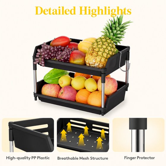 Norcho 2 Tier Fruit Basket for Kitchen Counter with Banana Hanger, Fruit Bowl and Vegetable Storage Stand Organizer for Bread, Snacks and Produce