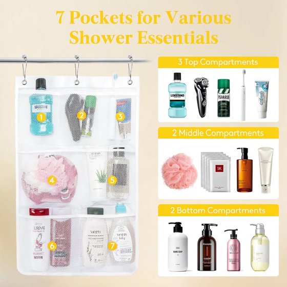 Norcho Mesh Shower Caddy, 7-Pocket Hanging Shower Organizer with Quick-Dry Mesh, Portable Bathroom Storage for Soap, Shampoo, and Toiletries, White, 1-Pack