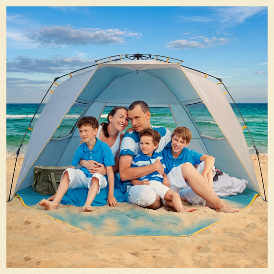 Norcho 4-5 Person Beach Tent UPF 50+ Portable Shade Canopy with Extended Porch, Ventilated Windproof, Blue
