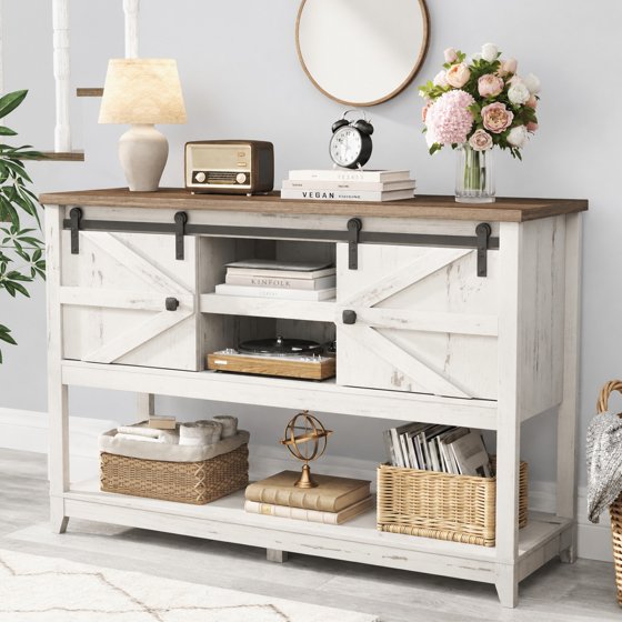 Norcho Farmhouse Entryway Console Table with Sliding Barn Doors, Adjustable Shelf and Bottom Open Storage, Hallway Table for Entrance, Living Room, Foyer