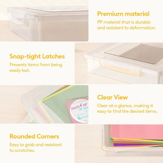 Norcho 4 Pack Paper Organizer Storage Boxes, 12 x 9 inch Multi-Purpose Clear Plastic File Box with Latching Lids for A4, 8.5" x 11" Letter Size Documents, Scrapbook, Magazine & Art Supplies