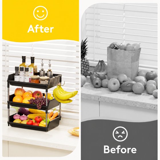 Norcho 3 Tier Fruit Basket for Kitchen Counter with Banana Hanger, Fruit Bowl and Vegetable Storage Stand Organizer for Bread, Snacks and Produce