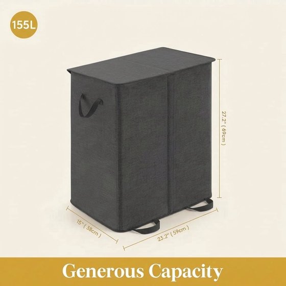 Norcho Double Laundry Hamper with Lid and Removable Bags, Large Collapsible 2-Divider Laundry Basket with Handles, 155L, Black
