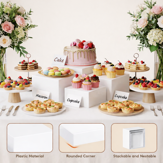 Norcho Plastic Buffet Risers Set of 4, White Food Display Stands for Buffet Table, 7" 7.8" 8.3" 10" Nesting Cube Dessert Cake Holders for Party, Jewelry and Collectibles Display