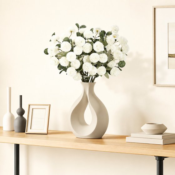 Norcho White Artificial Flower for Vase, 10 Pcs Faux Silk Mum Balls + 2 Eucalyptus Stems, Fake Small Kiku for Floral Arrangement, Pom Pom Centerpiece