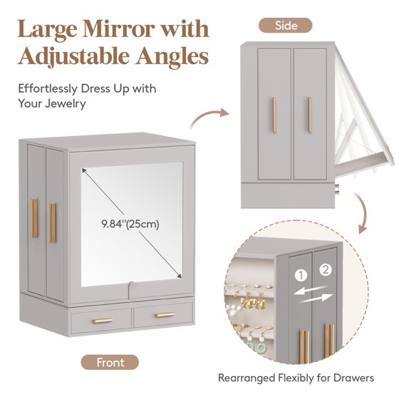Jewelry Box 360° Rotating with Adjustable Angle Mirror, Large Jewelry Storage Case, Open Design Jewelry Organizer for Rings, Necklaces, Earrings, Bracelets, Mother’s Day Gift Idea