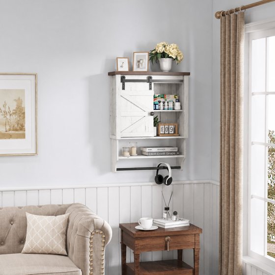 Norcho Farmhouse Bathroom Wall Cabinet with Sliding Barn Door, Medicine Cabinet with Adjustable Shelf and Towel Hook, Wall Mounted Storage Cabinet for Bathroom, Kitchen, Laundry Room