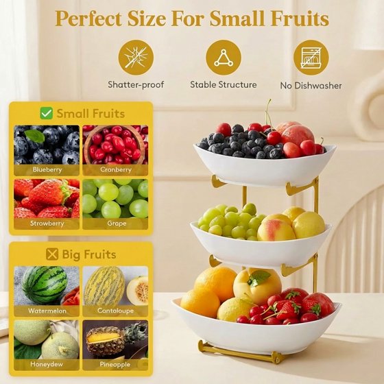 Norcho Plastic Fruit Bowl Basket for Kitchen Countertop, 3-Tier Fruit Holder with Glod Metal Stand, Serving Tray for Fruits, Vegetables, Cakes, and Desserts for Parties