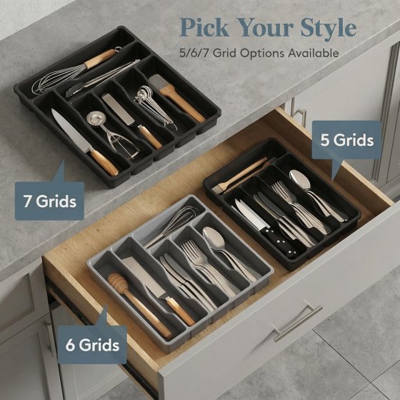Norcho Silverware Drawer Organizer Tray, Plastic Cutlery and Utensil Holder Divider for Spoons, Forks, Knives and Tableware, 5 Slots, 9.1 x 12.6 Inch, Black