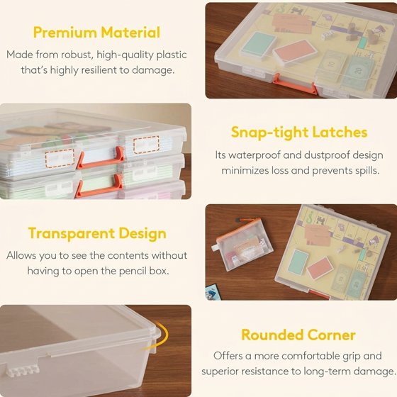 Norcho 3" x 12.2" Paper Storage Boxes with Secure Latch, Plastic Portable Organizer with Handle and Labels, 4-Pack for Files, Documents, Crafts, Puzzles, Cards, and Art Supplies