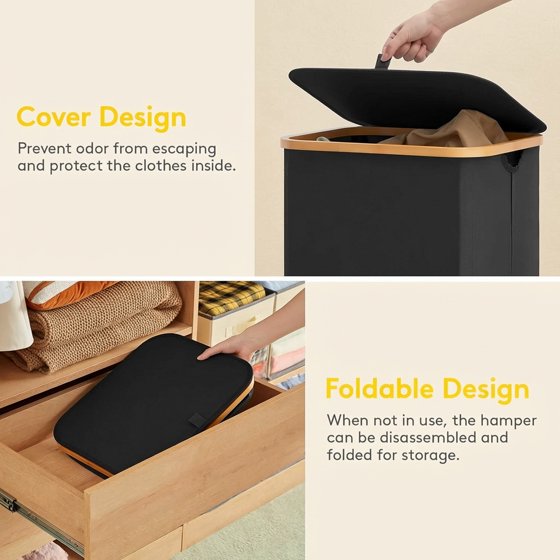 Norcho 100L Laundry Basket with Lid, Large Foldable Laundry Hamper with Bamboo Handles and Removable Bag, Black