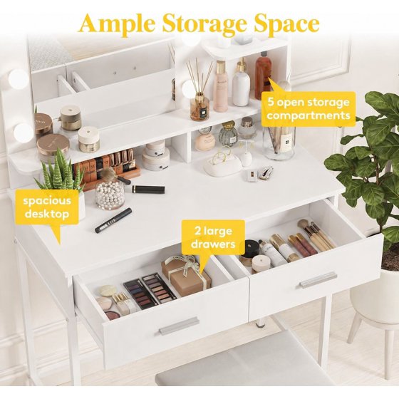 Norcho Vanity Desk Set with Mirror and Lights, Makeup Dressing Table with 2 Drawers & Chair, 3 Lighting Modes Adjustable Brightness, Wooden Top & Iron Frame for Bedroom, White