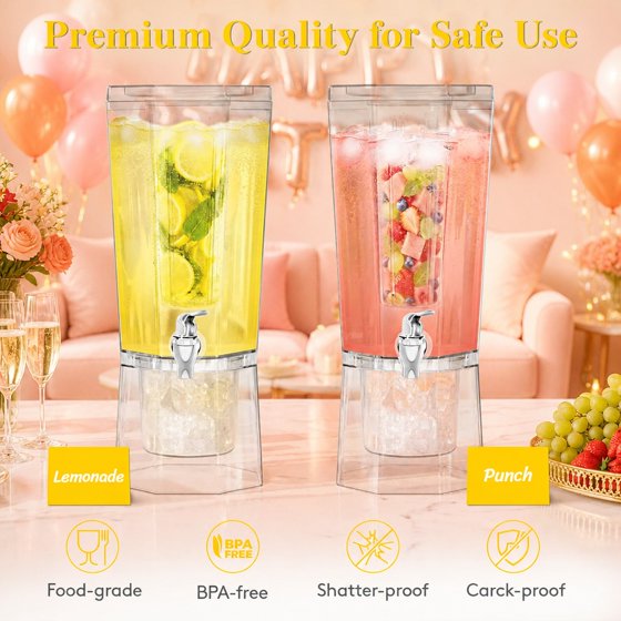 Norcho 1.1 Gallon Drink Dispenser for Parties with Stand and Ice Core, Clear Plastic Beverage Dispenser with Spigot for Juice, Tea, Soda, BPA-Free Lemonade Water Pitcher for Fridge and Events