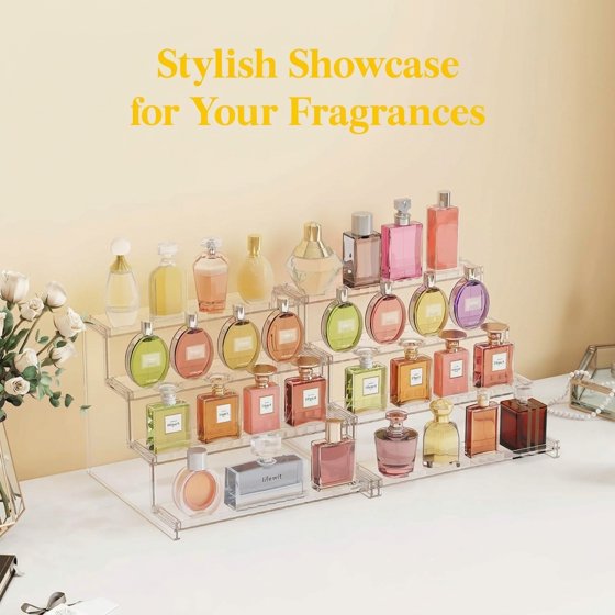 Norcho 4-Tier Clear Display Riser Stand with Decorative Secure Fences, Tool-Free Assembly, 12-Inch Plastic Perfume Organizer for Figures, Cupcakes, Desserts, 1-Pack