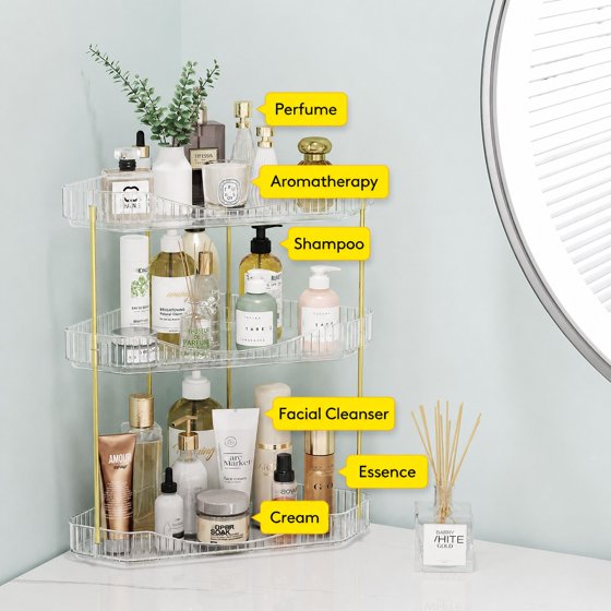 Norcho 3-Tier Corner Bathroom Counter Organizer, Plastic Makeup & Skincare Storage Shelf, Large Countertop Cosmetic & Perfume Organizer for Bathroom, Bedroom, Kitchen & Vanity, Clear