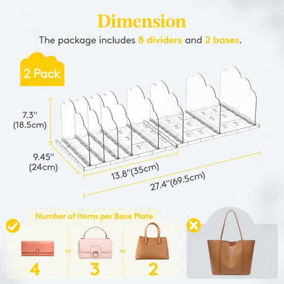 Norcho Purse Organizer for Closet 2 Pack, Clear Handbag Storage Organizer, Adjustable Clutch Bag Dividers for Closet Shelf, Bookshelf Dividers for Sweaters Bedroom Storage