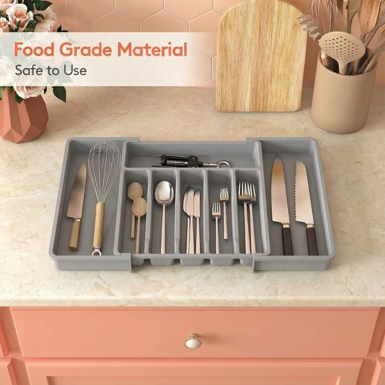 Norcho Silverware Drawer Organizer, Expandable Utensil Tray for Kitchen, Cutlery and Flatware Holder, Adjustable Storage for Spoons, Forks and Knives, 13–22 x 15", Gray