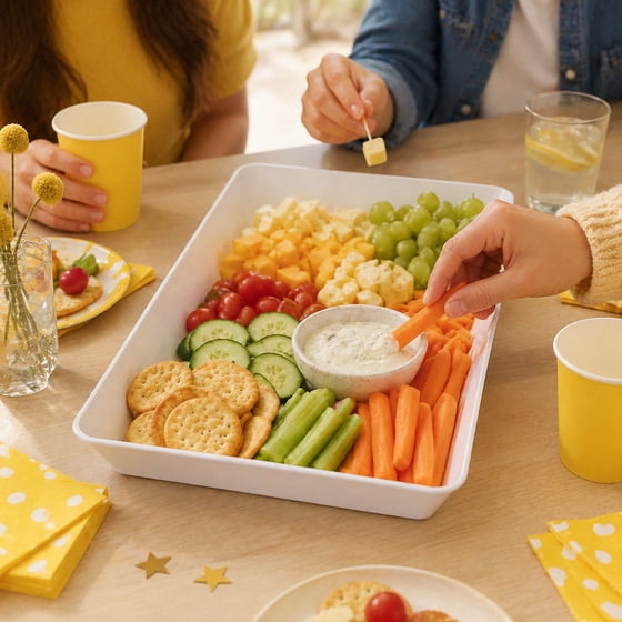 Norcho Serving Tray Set, 15" x 10" White Serving Platters for Party Supplies, 10 Pack Reusable Food Trays for Veggies, Snacks, Fruit, Cookies, Desserts, Kitchen & Pantry Organization
