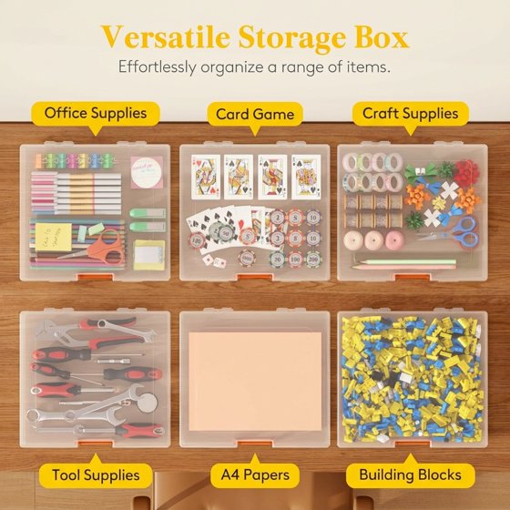 Norcho 3" x 12.2" Paper Storage Boxes with Secure Latch, Plastic Portable Organizer with Handle and Labels, 4-Pack for Files, Documents, Crafts, Puzzles, Cards, and Art Supplies