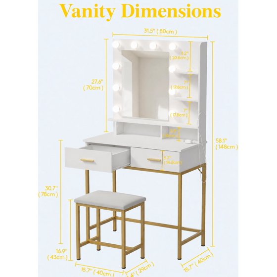 Norcho Vanity with Mirror and Lights, Adjustable Color & Brightness, White Makeup Desk with 2 Drawers and Stool for Bedroom, Bathroom & Makeup Room