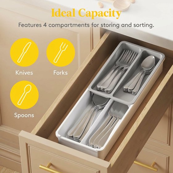Norcho Compact Silverware Organizer for Kitchen Drawer, Narrow Flatware Tray Holder for Spoons, Forks, and Knives, White & Gray