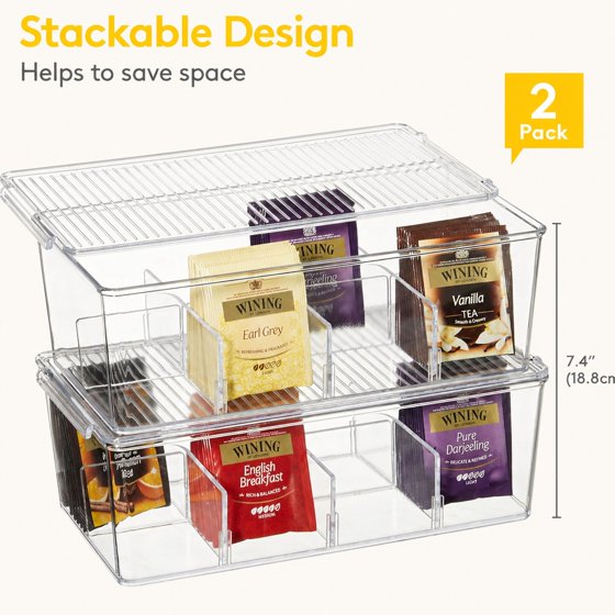 Norcho 2-Pack Tea Bag Organizer with Lid, Plastic Tea Bag Storage Box with 16 Compartments, Stackable Tea Packet Holder for Cabinet, Pantry, Countertop, Sugar Packets & Sweetener Sachets, Clear