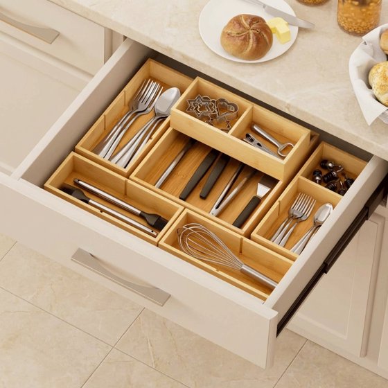 Norcho Adjustable Bamboo Drawer Organizers with 12 Inserts, Stackable Storage Boxes, 10-Pack for Kitchen, Bathroom, Office, Vanity