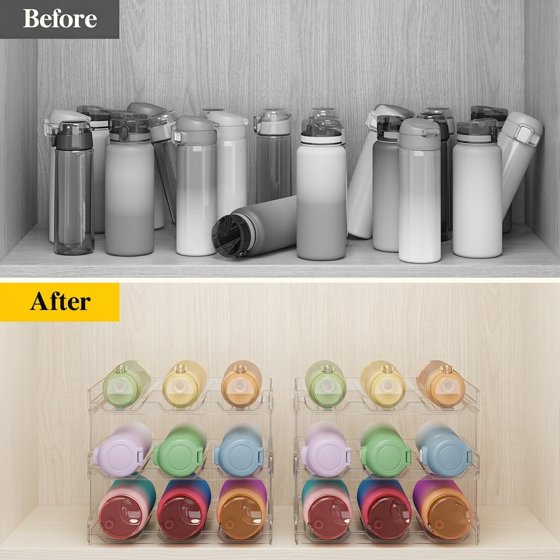 Norcho 3 Tier Stackable Water Bottle Organizer, Cabinet Plastic Holder Fits 9 Bottles 3.8" Dia, Pantry Countertop Cupboard