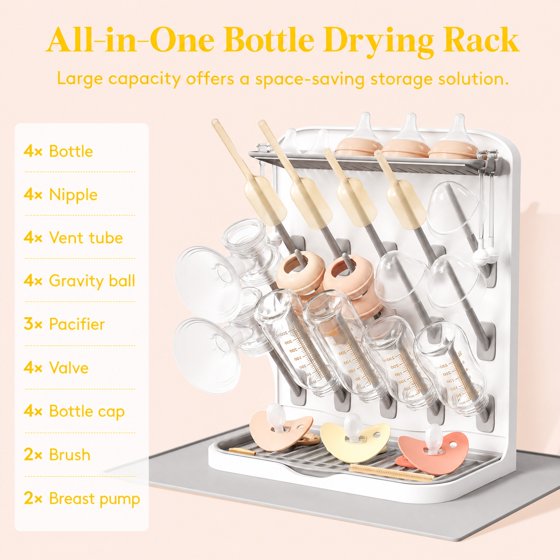 Norcho Large Baby Bottle Drying Rack with Drain Mat & 15 Hooks, Newborn Essentials Countertop Organizer, Rack Dryer for Bottles, Pacifiers & Pump Parts