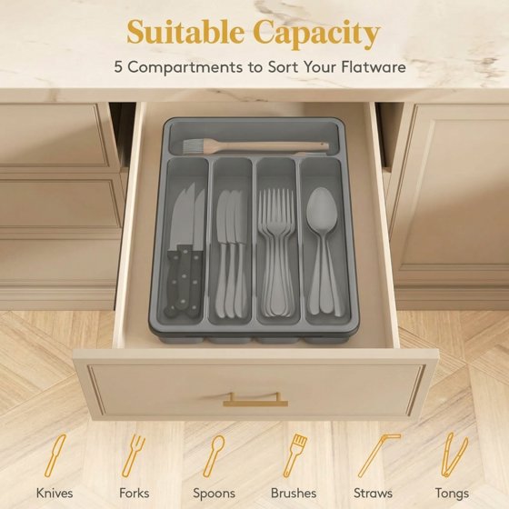 Norcho Silverware Organizer with Lid, Covered Utensil Tray for Kitchen Drawer and Countertop, Plastic Cutlery and Flatware Holder, Gray