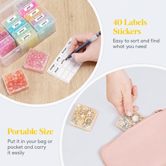 Norcho Small Bead Organizer 2-Case, Clear Plastic Craft Storage Boxes with Hinged Lids, Anti-Tipping Divided Base and Labels for Jewelry, Beads, Diamonds, Seeds and Screws Storage