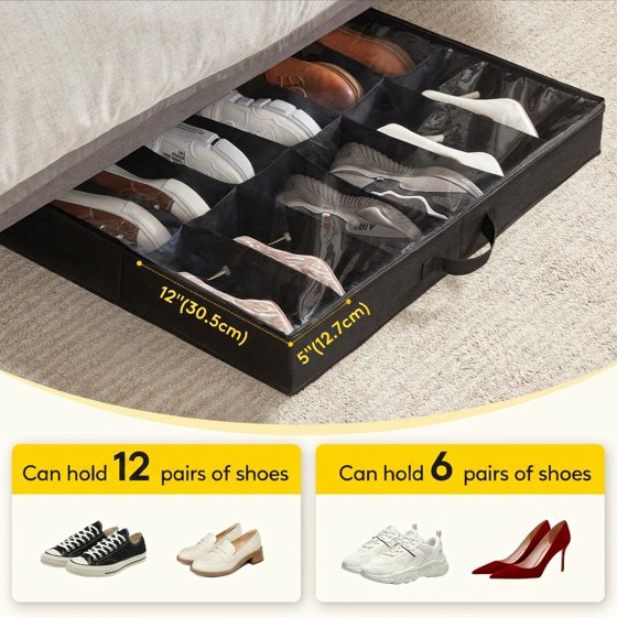Norcho Under Bed Shoe Organizer Set of 2, 4.3" Tall Fabric Container with Clear Cover Fits 24 Pairs, Black