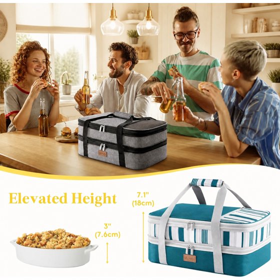 Norcho Insulated Double Decker Casserole Carrier, Expandable Tote for Hot/Cold Food, Fits 9"x13" Dish, Potluck/Picnic, Green