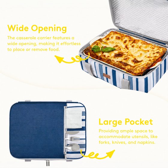 Norcho Insulated Double Decker Casserole Carrier, Lasagna Tote Bag for Hot or Cold Food, Fits 9" x 13" Baking Dish, Blue