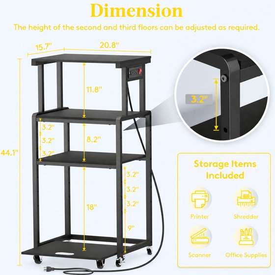 Norcho 4 Tier Printer Stand with 3 Power Outlets, Wheels & Adjustable Storage Shelf, Rolling Printer Cart for Home Office, Shredder, Scanner & Fax Machine, Holds up to 340 lbs, Black