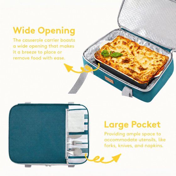 Norcho Insulated Double Decker Casserole Carrier, Expandable Tote for Hot/Cold Food, Fits 9"x13" Dish, Potluck/Picnic, Green