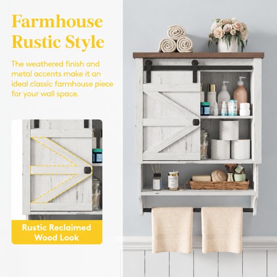 Norcho Farmhouse Bathroom Wall Cabinet with Sliding Barn Door, Medicine Cabinet with Adjustable Shelf and Towel Hook, Wall Mounted Storage Cabinet for Bathroom, Kitchen, Laundry Room