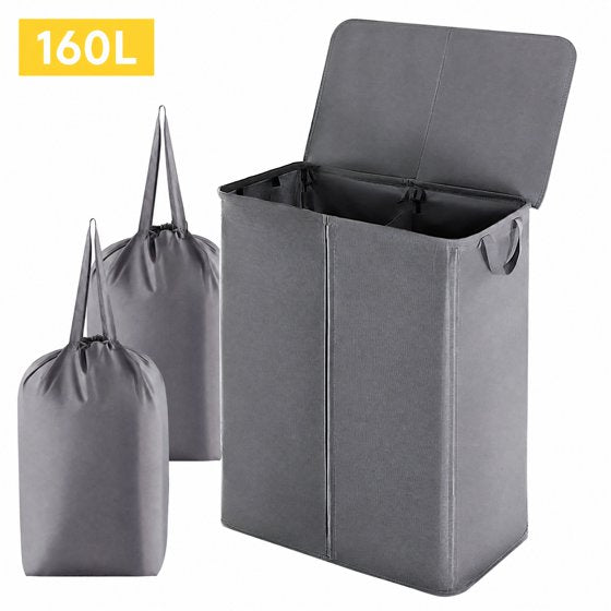 Norcho 160L Double Laundry Hamper with Lid, Divided Laundry Basket with Removable Bags and Handles, Large Separated Clothes Basket, Gray