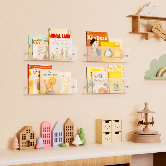 Magazine Rack Wall Mounted 6 Pack, 15" Clear Acrylic Nursery Bookshelf, Kids Floating Shelves Picture Display Racks for Baby, Toddler, Children Bedroom Living Room Decor, Mother’s Day Gift Idea