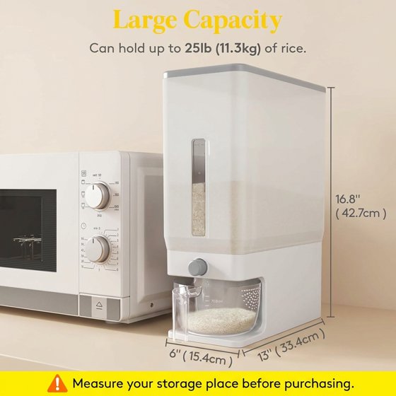 Norcho Rice Dispenser, 25 lb (11.3 kg) Sealed Rice Storage Container with Measuring Cup, Moisture Proof, Kitchen Pantry, Clear